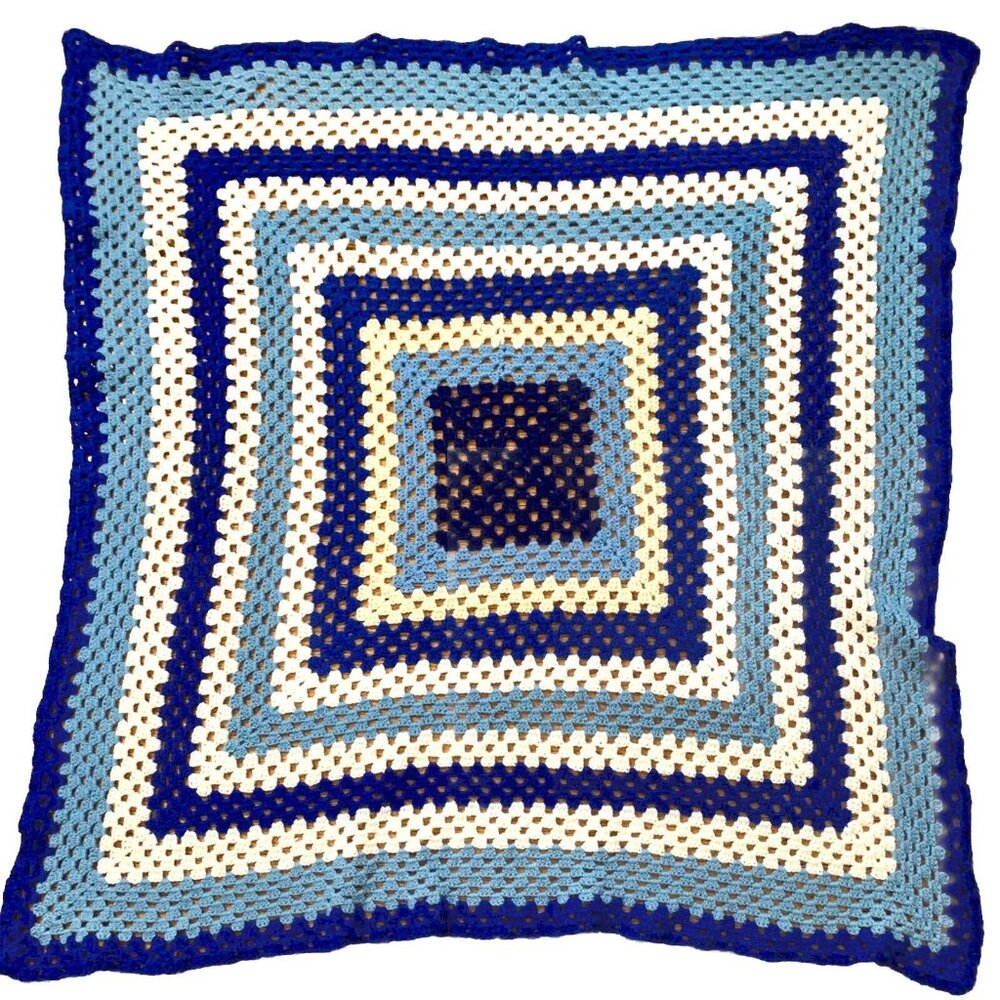 Vintage Granny Square 52” X 50.5” Crochet Throw Lap Blanket Afghan Blue (s)